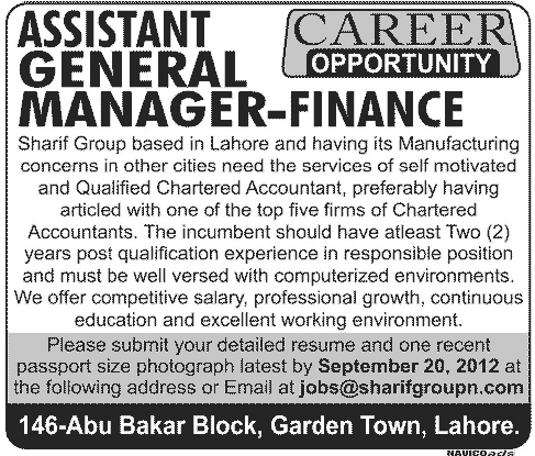 Assistant General Manger Finance Jobs in Sharif Group Assistant General Manger Finance Jobs in Sharif Group