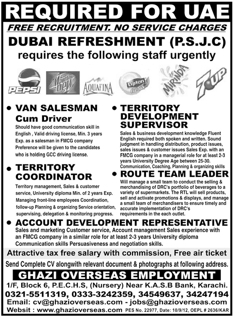 UAE Jobs for Pakistani sales Team 2024