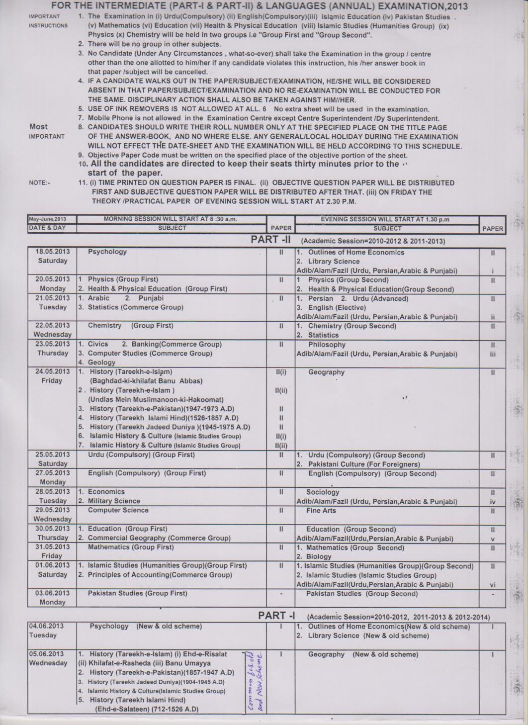 Bise Sargodha Board 1st 2nd Year Date Sheet 2024