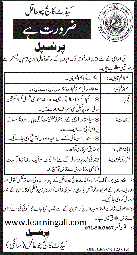 Cadet College Pano Aqil Jobs 2013, Principal Required