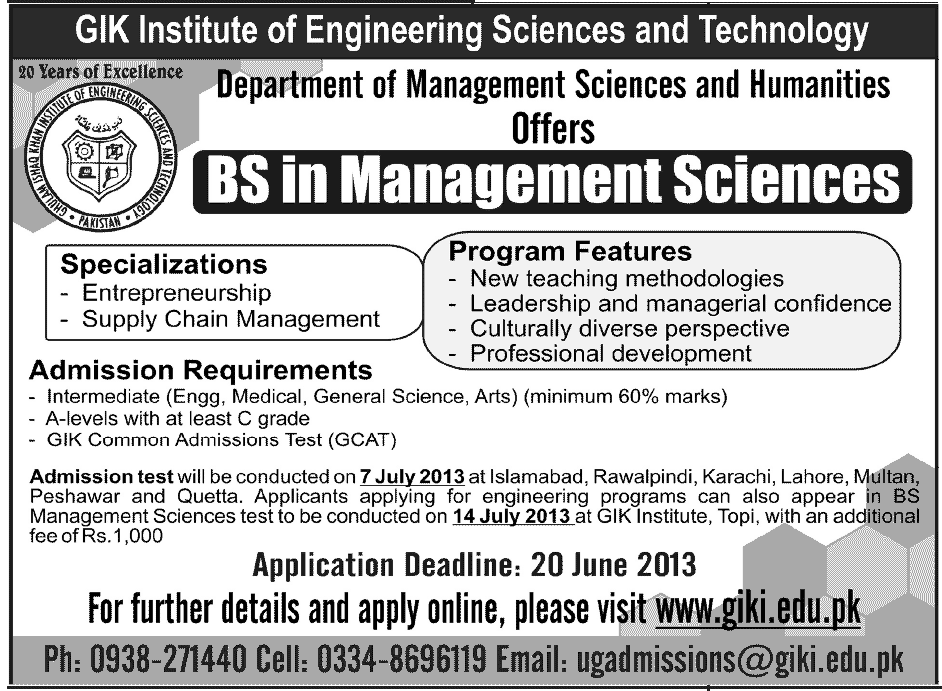 GIK.edu.pk Offers Admission in BS 2013