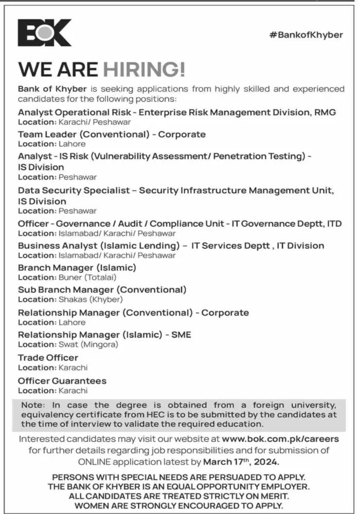 The Bank of Khyber Careers 2024
