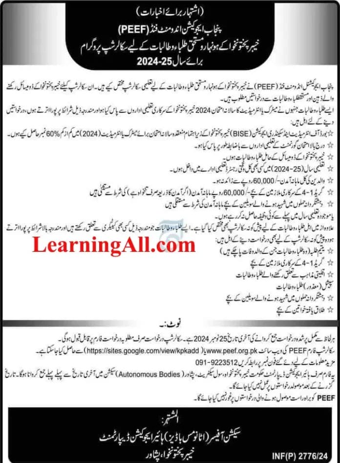 peef scholarships for kpk 2025